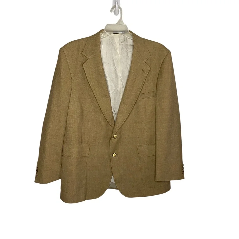 Stafford American Collection Mens Beige Gold Button Worsted Wool Sport Coat 46R